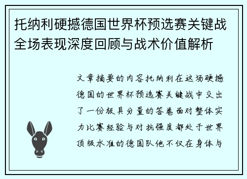 托纳利硬撼德国世界杯预选赛关键战全场表现深度回顾与战术价值解析