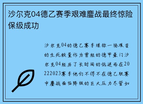 沙尔克04德乙赛季艰难鏖战最终惊险保级成功